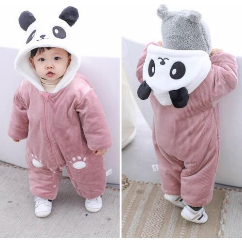Baby jumpsuit winter clothing cartoon panda hooded baby jumpsuit thickened warm newborn baby robe crawling clothes baby jumpsuit