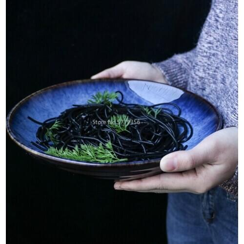 1000ml Dark Blue Ceramic Dinner Food Plate 9 Inch Cold Noodles Large Deep Plate High Quality and Beautiful Tableware