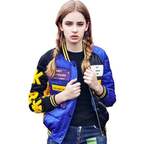 Winter Women Embroidery Patch Designs Baseball Down Jacket Stand Collar Casual Loose Coat Female Long Sleeve Parkas Overcoat A83