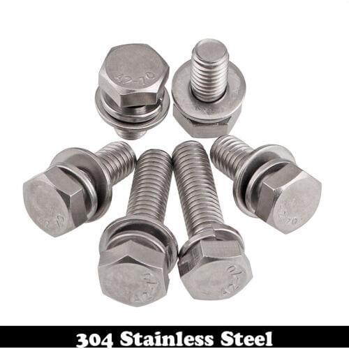 M10 M10*20 M10x20 M10*25 M10x25 M10*30 M10x30 304 Stainless Steel ss Hex Hexagon Bolt Spring Plain Washer Machine Screw Assembly