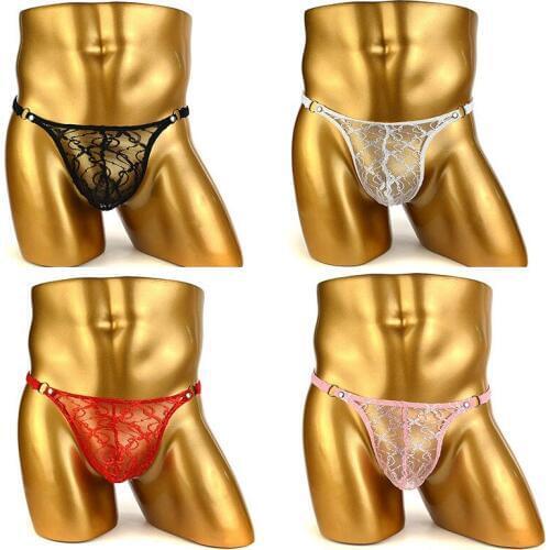 Men Sexy Sissy Lace Bulge Pouch G-String Underwear Lingerie Floral Sheer See Through Bikini T-Back Panties Brief