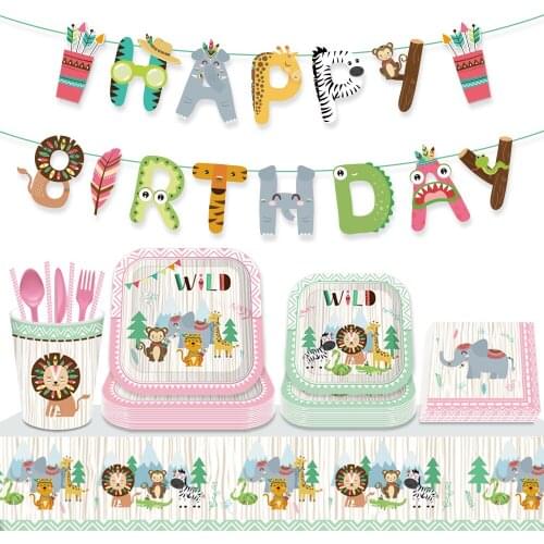 Disposable Tableware Set For Animals Birthday Jungle Party Decoration Kids Safari Party Decor Jungle Party Supplies Baby Shower