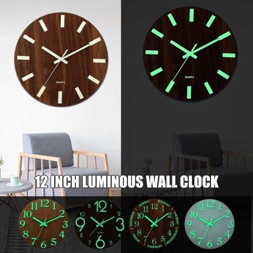 Hot-Luminous Wall Clock,12 Inch Wooden Silent Non-Ticking Kitchen Wall Clocks With Night Lights For Indoor/Outdoor Living Room