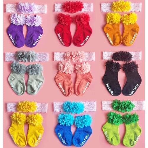 New Arrival Children Hair Band Sock Set Baby Flower Head Wrap Solid Color Cotton Knitted Sock Breathable Infant Hair Accessories