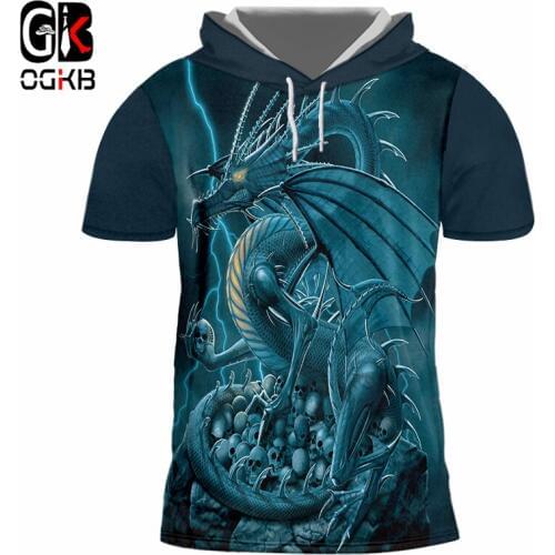 OGKB Unisex Bodybuilding Fintess Short Sleeve Hoody Undershirt Women/mens Funny Print Blue Dragon 3D Hooded T-shirt Cap Tees