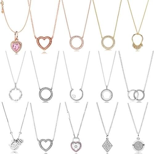 925 Sterling Silver Two Interlocking Logo Circles With Crystal pandora Necklace For Women Wedding Party