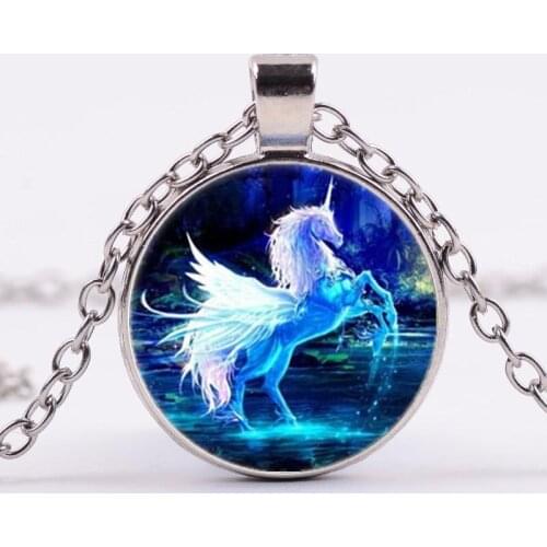 Moonlight Unicorn Photo Necklace Horse with Wings Jewelry Glass Cabochon Pendant Chain Neckless Women Fashion Jewelry New