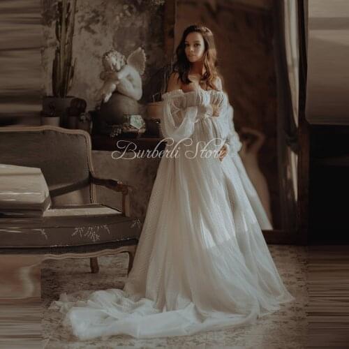 Off The Shoulder White Dots Tulle Bridal Dress For Pregnant Women Robes Dreamlike Puff Sleeves Maternity Dress Custom Made