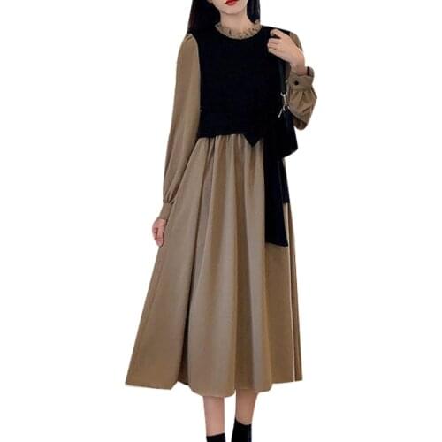 Womens Spring Autumn Dress Womens Patchwork Fake Two Pieces O-Neck Lace Up Bow Korean Elegant Dress AA3235