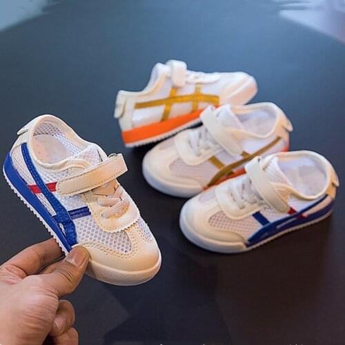 Boys' Casual Sneakers New Children Girls' Breathable Mesh Soft Sole Sports Shoes Kids Board Shoes Blue Golden Stripes Shoes