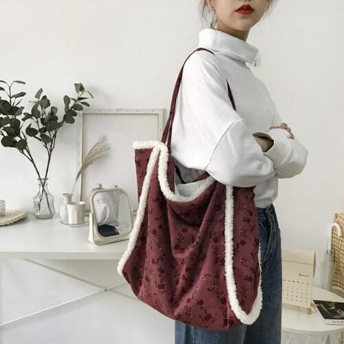 Lamb Wool Womens Soft Cute Bag New Retro College Style Shoulder Bag Stitching Female Bag Large-capacity Open Casual Handbag