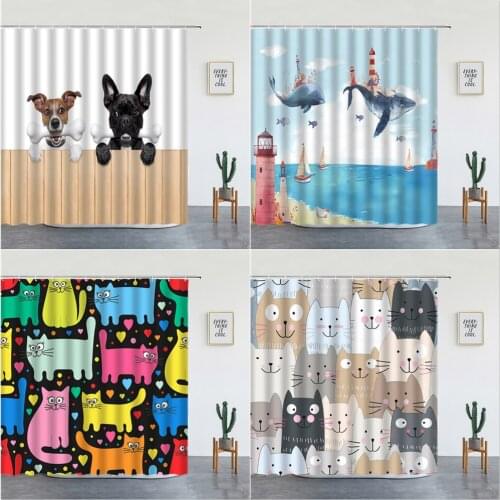 Cat And Dog Shower Curtains Funny Cartoon Animals Whale Giraffe Wall Hanging Bathroom Decor Washable Child Bath Screen With Hook