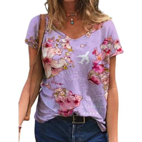 Summer Plane Flower Print T Shirt Womens Casual V-neck Short Sleeve Tops Tee Female Loose Vintage Pullover T Shirt Streetwear