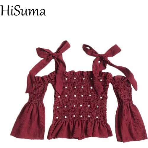 Women Summer Flare Sleeve Slash Neck Pearl Bead Ruffle Bow Shirt Lady Bandage Strap Short Elastic Slim Pullover Sexy Blouse Tops