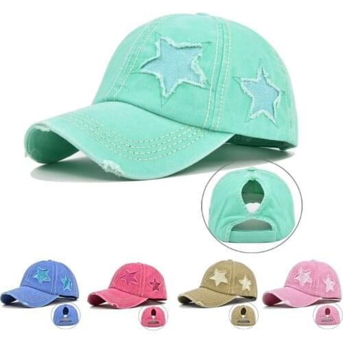 Women Washed Baseball Cap Glitter Star Embroidery Distressed Ponytail Hole Hat