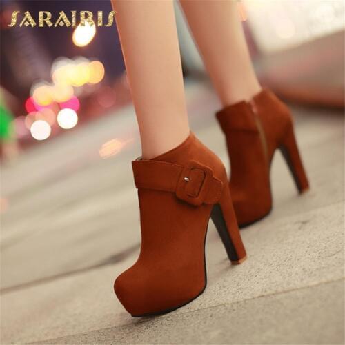 SARAIRIS 2018 Big Buckle Woman Ankle Boots Fashion Trendy Spike High Heels Zip Up womens Shoes Platform Party Woman Booties