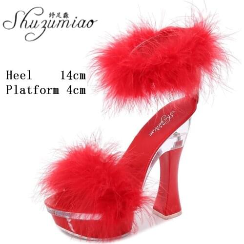 Female Model Large Size Womens Shoes Sexy Party Club Furry Thick Heel 14 CM Super High Heels Sandals Walking Show Striptease