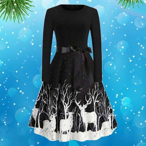 Women Retro Christmas Dress Long Sleeve A Line Party Dress Casual Party Dress One Piece Pullover V Neck Clothing