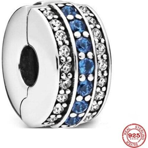 2021 Hot New 925 Sterling Silver Sparkling Blue Pavé Clip Charm Fit Original Pandora Bracelet Diy Women Jewelry