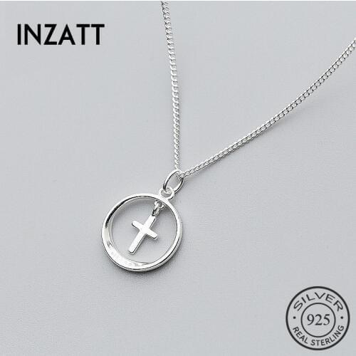 INZATT Real 925 Sterling Silver Geometric Round Cross Punk Pendant Necklace Fine Jewelry For Women Accessories Gift
