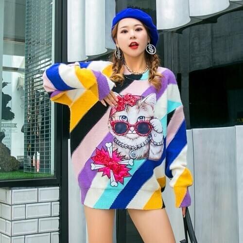 Woman Sweater 2020 Autumn Winter Clothes Sequined Jumper Casual Loose Pullover Diagonal Stripe Round Neck Kawaii Print Outerwear
