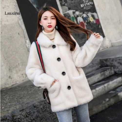 Faux Lambswool Furry Women Coat Khaki White Yellow Red Color Single Breasted Pocket Female Jacket