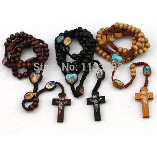 12pcs/lot 3colors Jesus I.N.R.I. Christain Crucifix Cross Necklace Rosary Necklace Wood Round & Oval Bead