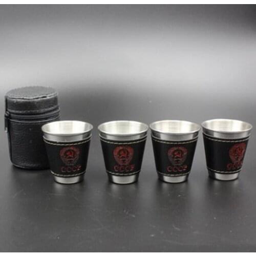 4pcs/set 30ml Mini Stainless Steel Cups Wine Beer Whiskey Cups With Leather Cover Bag Portable Outdoor Travel Cup