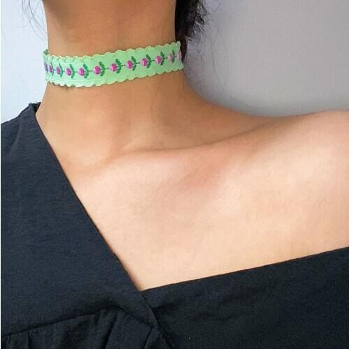Vogallery Pink Green Flowers Women Choker Fashion Embroidery Chokers Necklaces Summer Accessories Cute Jewelry New