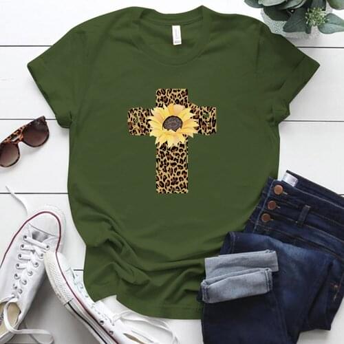 Easter Day Aesthetic Graphic Tees Shirt Femme Short Sleeve Round-neck Woman Tshirts Sunflower Leopard Cross Printing T Shirt