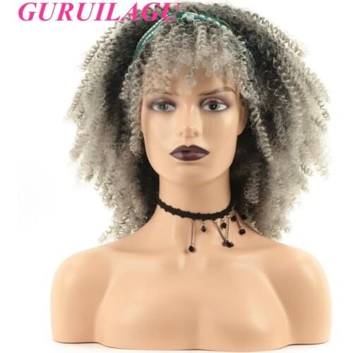 GURUILAGU Afro Kinky Curly Headband Wig Black Gray Short Wig Natural Wigs for Women Synthetic Hair Cosplay Wig With Bangs