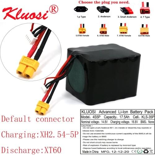 KLUOSI 14.8V 17.5Ah 18Ah 4S5P 16.8V Li-ion Battery High Capacity UAV Rechargeable for Various RC Airplane Drone Quadrotor XT60