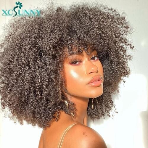 Kinky Curly Full Machine Wig With Bangs 200 Density Remy Brazilian Afro Kinky Curly Human Hair Wigs For Black Women Xcsunny