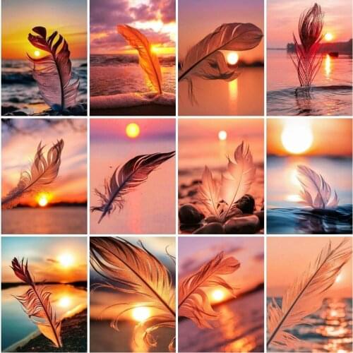 AZQSD 5D DIY Diamond Painting Sunset Cross Stitch Kits Diamond Embroidery Feather Mosaic Scenery Sale Picture Rhinestones Art