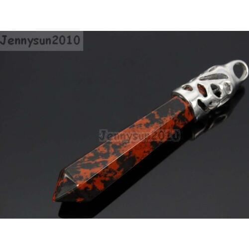 Natural Mahagony Gems Stones Long Hexagonal Pointed Healing Reiki Chakra Pendant Beads Necklace Earrings 10Pcs/Pack