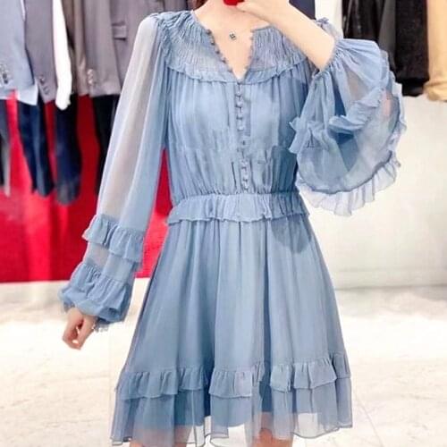 2021 Spring and Summer New Fashion Princess Sleeve Navy Collar Crepe Retro Waist Single-breasted Ruffled Solid Color Dress