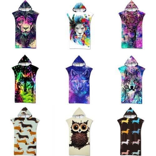 Wolf Dog Owl Animal Print Swim Pool Beach Dress Towel Microfiber Changing Robe Adult Bathrobe Hooded Surf Poncho Towel Beachwear