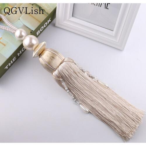 QGVLish 2Pcs Pearl Beads Curtain Tiebacks Tassel Fringe Curtain Hanging Ropes Brush Buckle Straps Curtain Accessories Home Decor