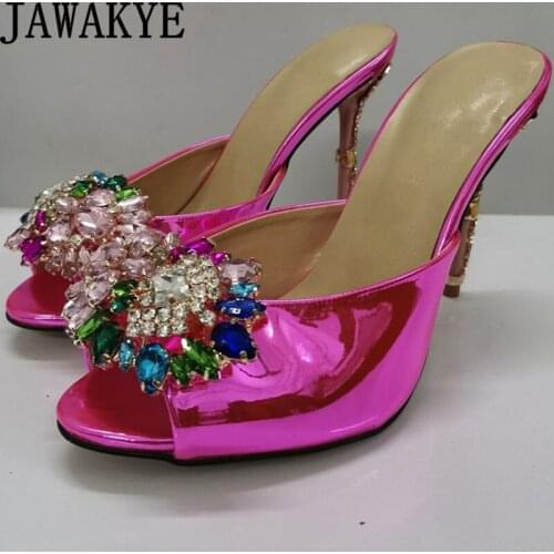 Crystal Flower Open toe Thin high Heels Slippers Women Leather Mules Ethnic Style Summer Sexy Wedding Party Shoes mujer