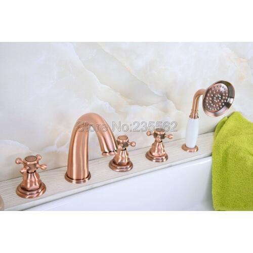 Antique Red Copper Widespread Roman Bath Tub Sink Faucet 5 hole basin faucet lna238