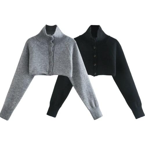 Womens Short Sweater Za Fashion 2021 Turtleneck Button Loose Sweaters Sexy Knitted Long Sleeve Spring Pullover Elegant Chic Top