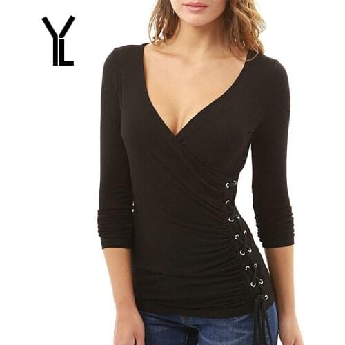 YL 2017 T Shirt Women V Neck Solid Lace Up Tshirt Fashion New Style Sexy Harajuku Summer T-Shirt Plus Size