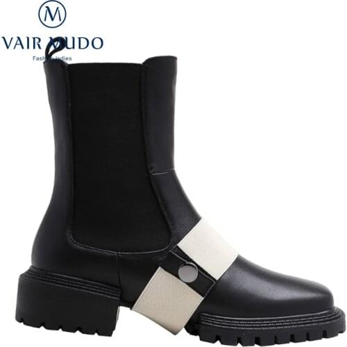 VAIR MUDO 2021 Ankle Boots Shoes Women Low Heels Waterproof Platform Round Toe Genuine Leather Footwear Black White Boots DX30L