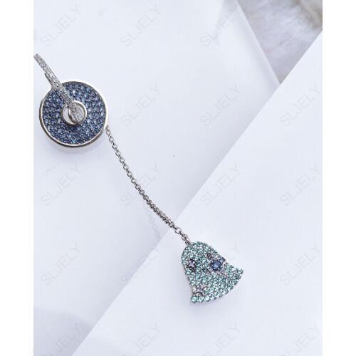 SLJELY Fahsion 925 Sterling Silver Single Blue Disc and Bell Long Drop Earring Micro Cubic Zirconia Women Luxury Brand Jewelry