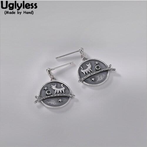 Uglyless Lovely Thai Silver Handmade Cat Earrings for Women 100% Real Solid 925 Sterling Silver Round Earrings Star Fine Jewelry