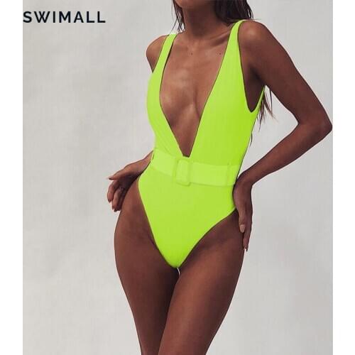 2019 New Sexy Female Retro V Neck Belt buckle 7 color solid swimsuit One Piece Push Up Padded High Waist Swimwear Women Monokini