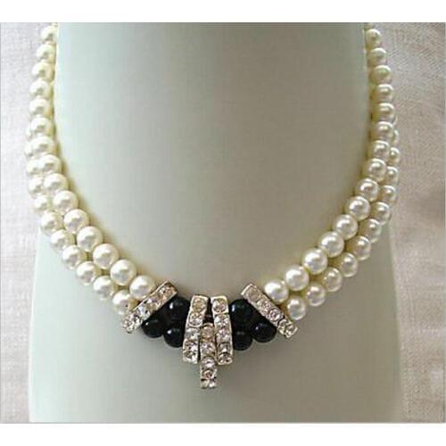 Woman jewelry 2 rows necklace 8mm 10mm white black bead AAA Natural South Sea Shell Pearl rhinestone Necklaces 18'' 45cm