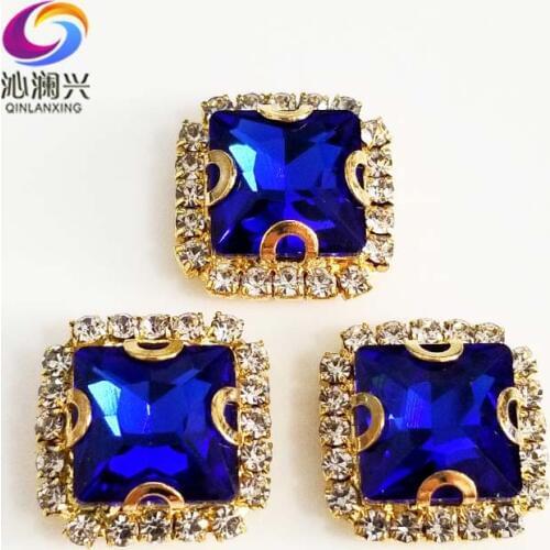 Golden bottom Royalblue square shape top Crystal glass buckle, sew on rhinestones use for Diy/jewelry accessories SQKG10