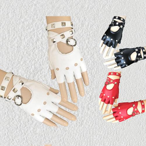1Pair Womens Leather Half Finger Gloves Punk Rivets Belt Gloves Halloween Party Punk