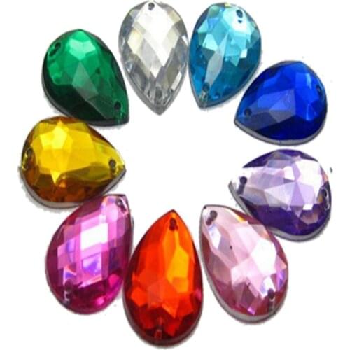 100 Mixed Colour Flatback Acrylic Sewing Rhinestone TearDrop Sew on bead 18mm